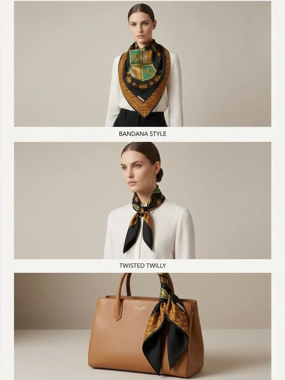 Christian Dior Black & Gold Crest Silk Scarf